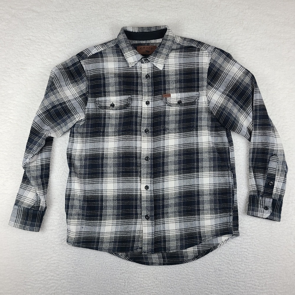 ORVIS Flannel Shirt Mens Medium Blue White Plaid Heavy Cotton Button Up